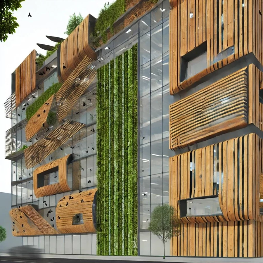 הדמיה המציגה שילוב של פאנלים מעץ וגינות אנכיות במעטפת המבנה