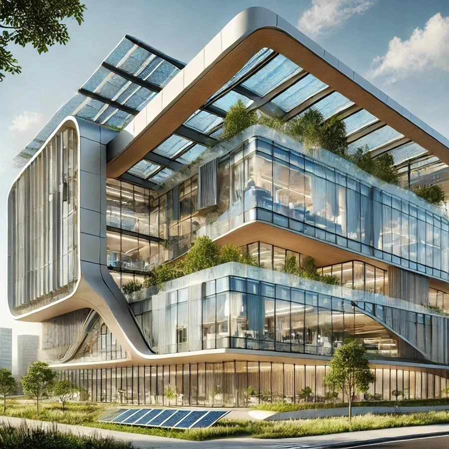 הדמיה של מעטפת מבנה מתקדמת, המציגה שילוב של חומרים טבעיים, מתכת וזכוכית