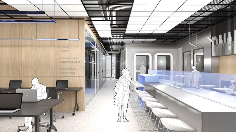 שם הפרויקט משרדי חברת פילת. עיצוב: איתי אלטר - אלטר אדריכלים. הדמיות: אלטר אדריכלים.