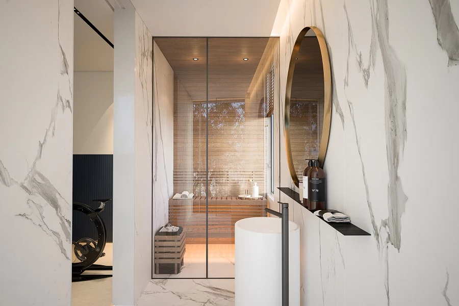 חדר רחצה מפנק וסאונה צמודים לחדר הכושר הביתי. תכנון ועיצוב- דניאל חסון. הדמיות - אלכס לובימוב