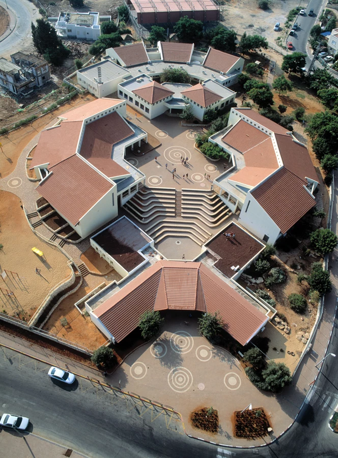 ביה׳׳ס החורש בזכרון יעקב. תכנון:אדר׳ גדעון פובזנר, ש. פובזנר - ג. פובזנר אדריכלים צילום אוויר: אלבטורס