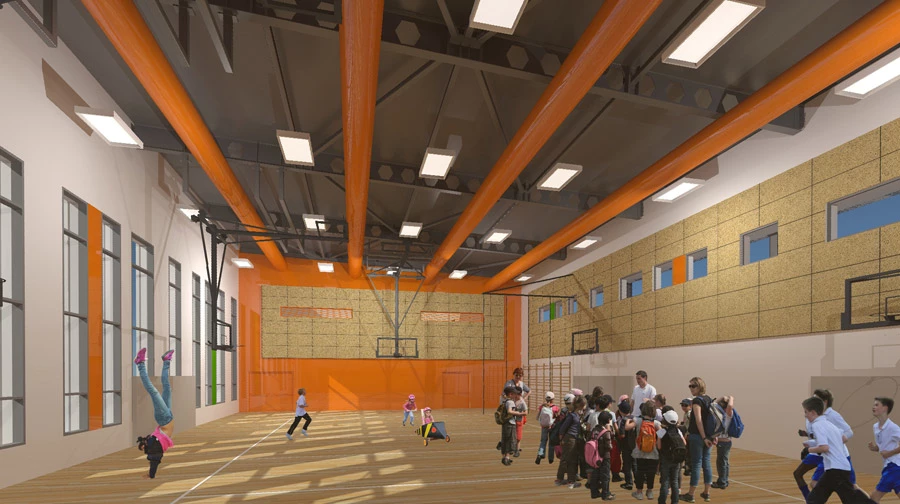 בית ספר חדשני באופקים מציג בין השאר, מרחבים שקופים המאפשרים קשר בין החללים השונים. תכנון: ליואי דבוריינסקי אדריכלים בע׳׳מ. הדמיות: באדיבות המשרד