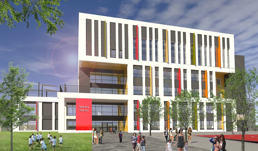 החורש בית ספר שקוף בזכרון יעקב. תכנון: אדר׳ גדעון פובזנר, ש. פובזנר - ג. פובזנר אדריכלים. צילום אוויר: אלבטורס