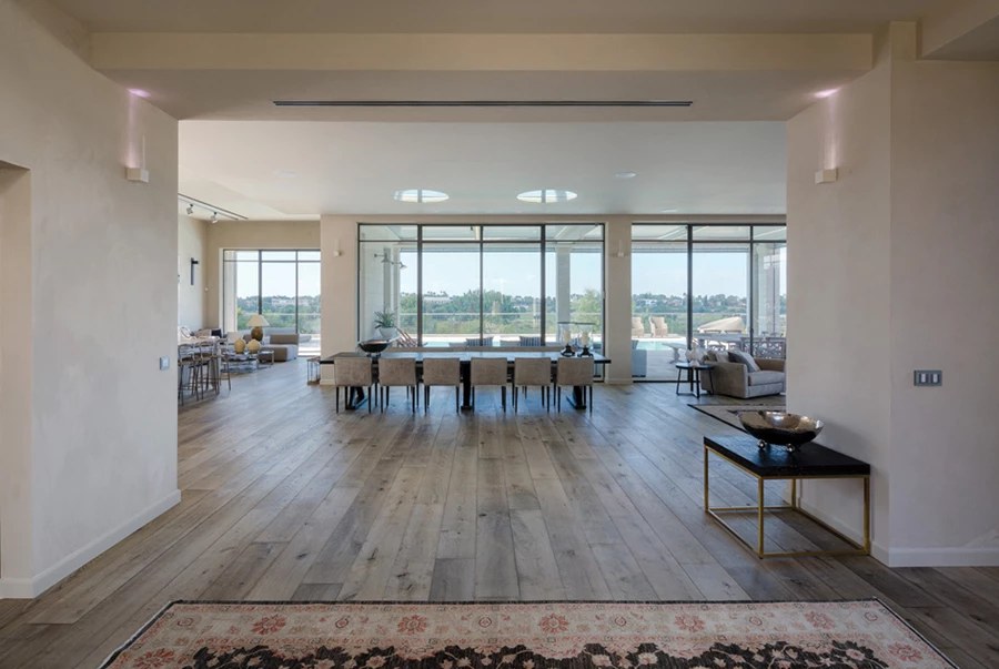 חלל המגורים הנחשף מדלת הכניסה השקופה.