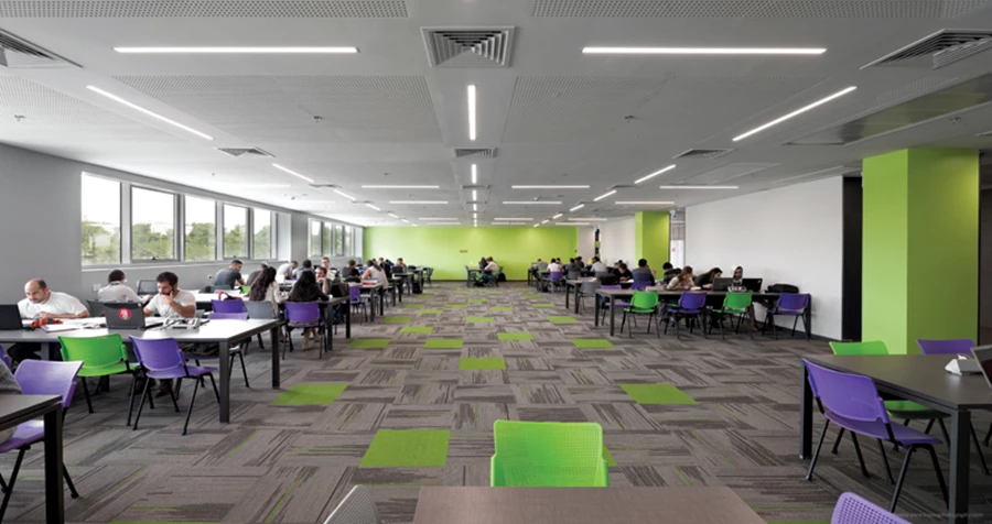 קומת חללי למידה חופשיים כפונקציה המאפשרת אופני מפגש מגוונים בין הסטודנטים. שטיח העוקב אחר סכמת הצבע וקירות בצבעוניות עליזה של כתום וירוק. תקרות אקוסטיות: