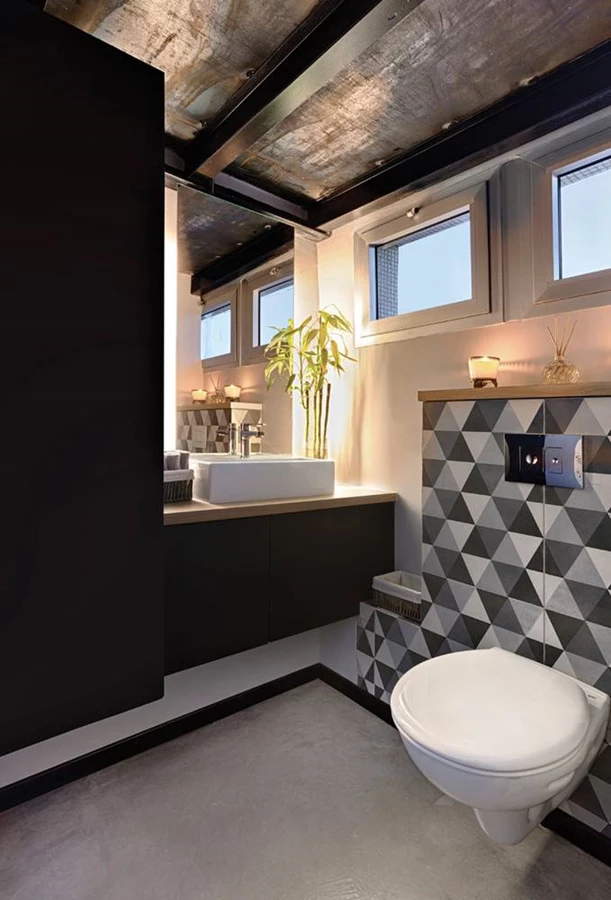 חלל השירותים: מעוצב בקפידה בגווני אפור החוברים לשפה התעשייתית, ומנוצל גם לצרכי אחסון של אלמנטים נדרשים. אביזרים סניטרים ומוצרי אמבטיה: טופליין יבוא ושיווק מוצרי אמבטיה בע