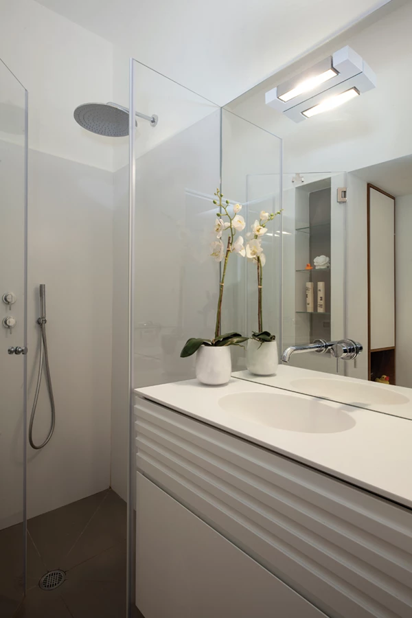 חדר הרחצה: עיצוב נקי ותמציתי הכולל את כל הפונקציות הנדרשות.