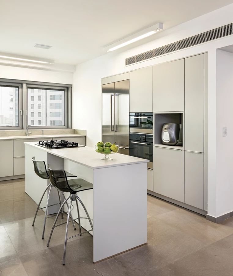 המטבח ששטחו הוגדל על חשבון חדר סמוך: יחידה גבוהה, יחידת ארונות וכיור נמוכה, ויחידת אי מרכזית ארוכה וצרה המשמשת לאחסון, בישול ודלפק  אכילה בחיי יומיום. חזיתות בגימור שלייף לק אפור חוברות לשפת החלל. מטבח: LEICHT,