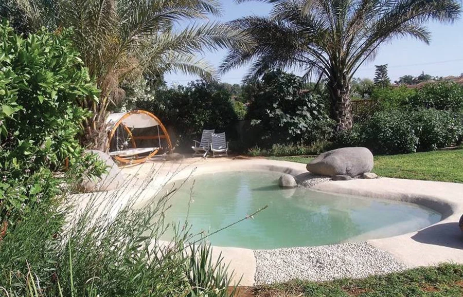 בריכת שחיה אמורפית בלב חצר בבית צמוד קרקע בשרון. אגמית בריכות נוי ובריכות שחיה במראה טבעי | אגמית בריכות נוי ובריכות שחיה במראה טבעי.