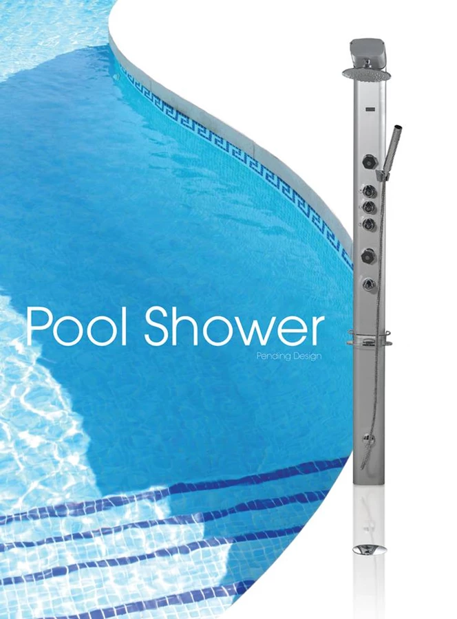 פאנל עיסוי להתקנה חיצונית בבריכות שחייה משלב ברז תרמוסטתי עם מקלחת יד, ראש גשם, ג׳טים לעיסוי, ומדף איחסון שקוף עם מעקה | מיטרני.