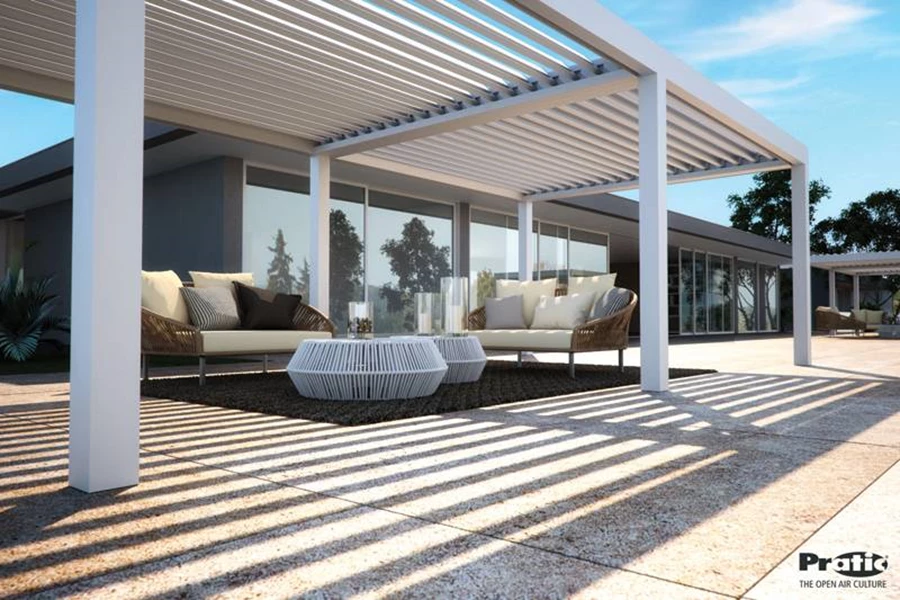 תפיסה חדשה ליצירת סביבת אירוח – פרגולת bioclimatic. מיובאת על-ידי דקו-צל של חברת pratic | דקוצל.