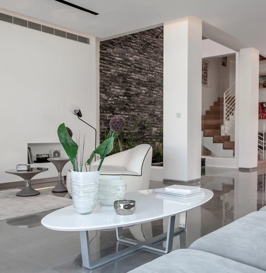 מבט מהסלון אל עבר הפאטיו ואל גרם המדרגות הממוקם לצדו.