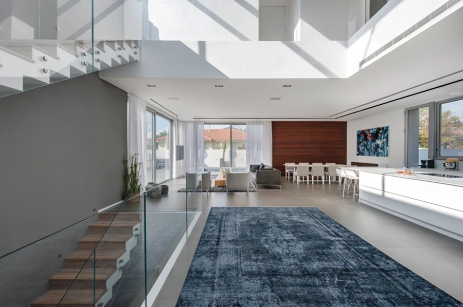 החלל הציבורי בקומת הקרקע: אווריריות ותחושת מרחב. ריצוף באריחי גרניט פורצלן דמויי בטון, ובקדמת החלל אזור פתוח נטול כל אלמנטים ופריטי ריהוט, למעט שטיח גדול ומרשים. ריצוף: