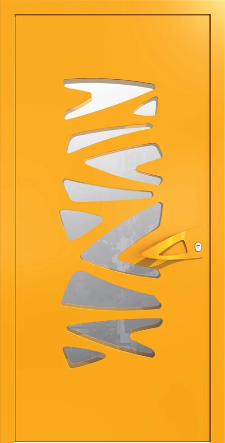 דלת פלדה עם פתחים אמורפים שבתוכם משתלבת זכוכית אטומה  | רשפים.