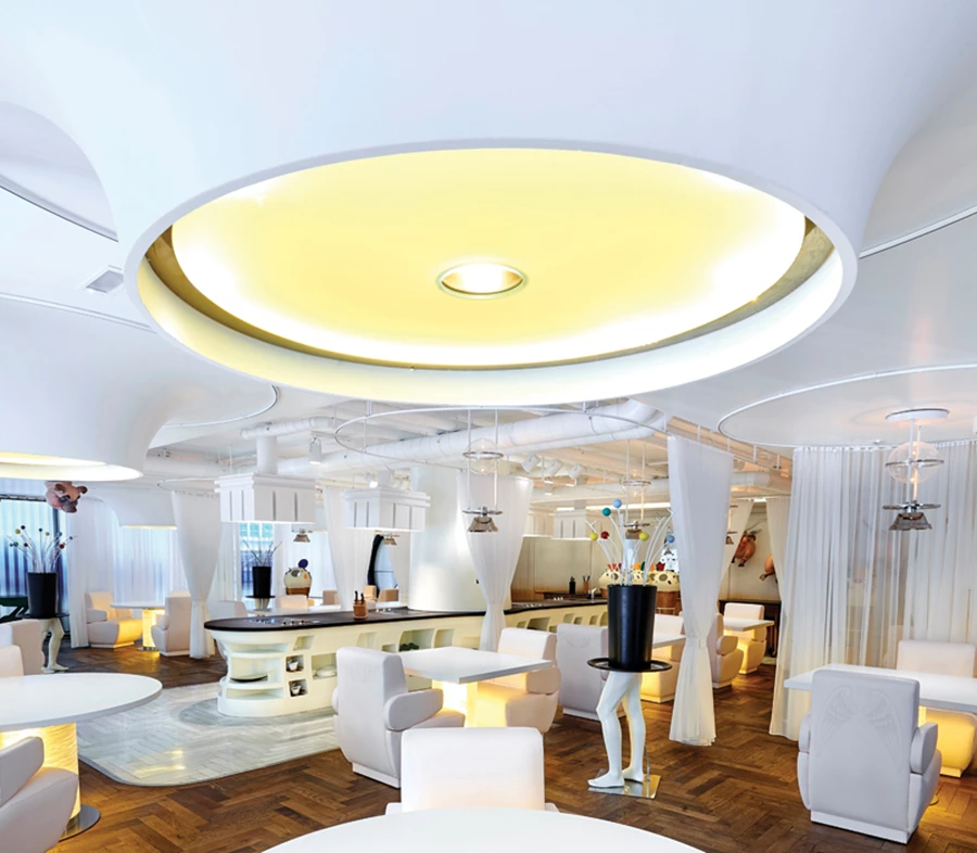 ריצוף פרקט באזורי הישיבה, ריצוף שיש באזור יחידת המטבח החיצונית, ותקרה המשלבת תשתיות צנרת חשופות עם הנמכת גבס המכילה פתחים קוניים עם גופי תאורה גדולי ממדים. הרגליים החובשות מגבעת צילינדר הינן מתלי מעילים שעוצבו בהשראת אליסה בארץ הפלאות.