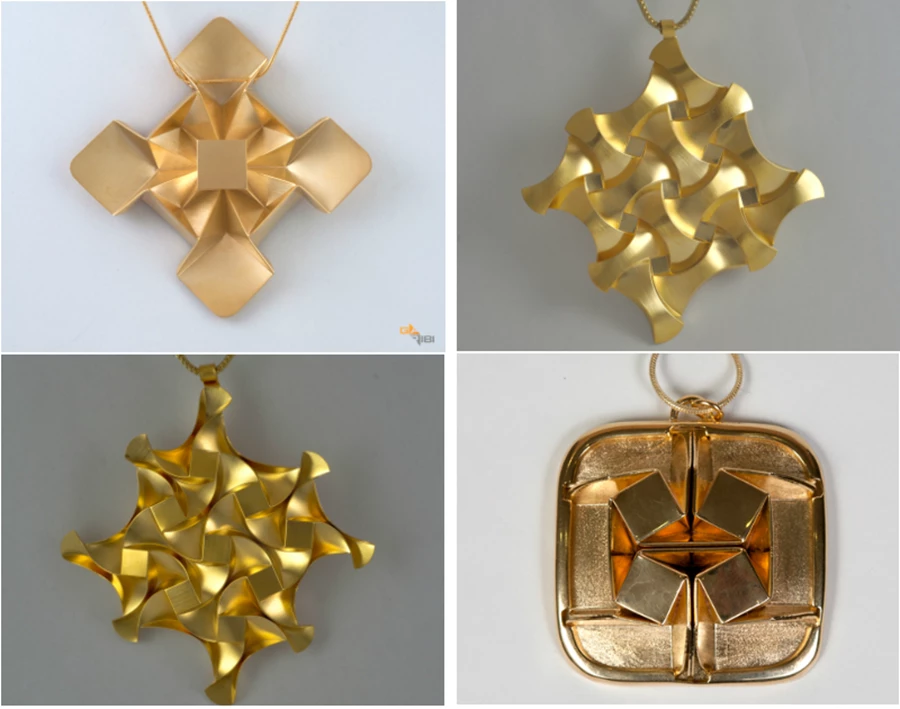 ארבעה תליונים, פליז מקופל, מצופה זהב. מתוך קולקציית Paper, Wood, Metal, לגלריית