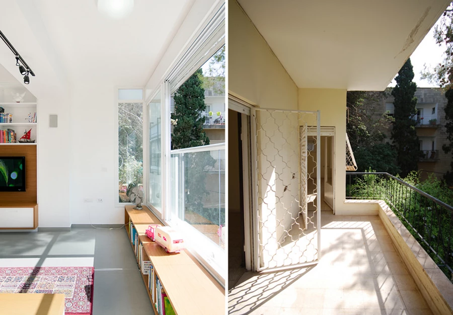 לפני אחרי  - ספסלי הישיבה לאורך החלון הגדול מנוצלים לאחסון ספרים וצעצועים.