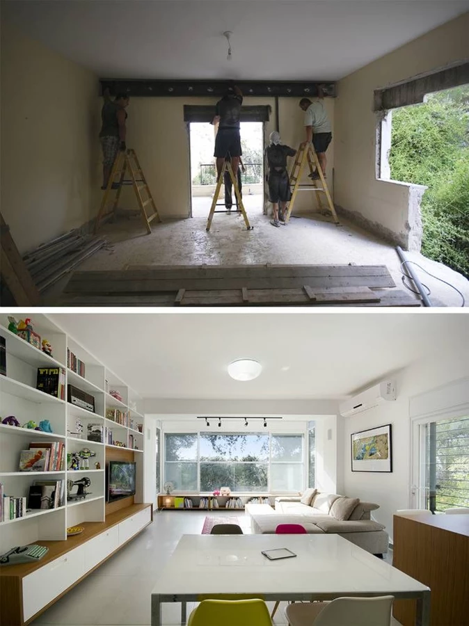 לפני אחרי - הקיר המסיבי שהפריד בין חלל המגורים הקיים לבין המרפסת החיצונית הפתוחה ומנע כניסת אור לדירה, נהרס