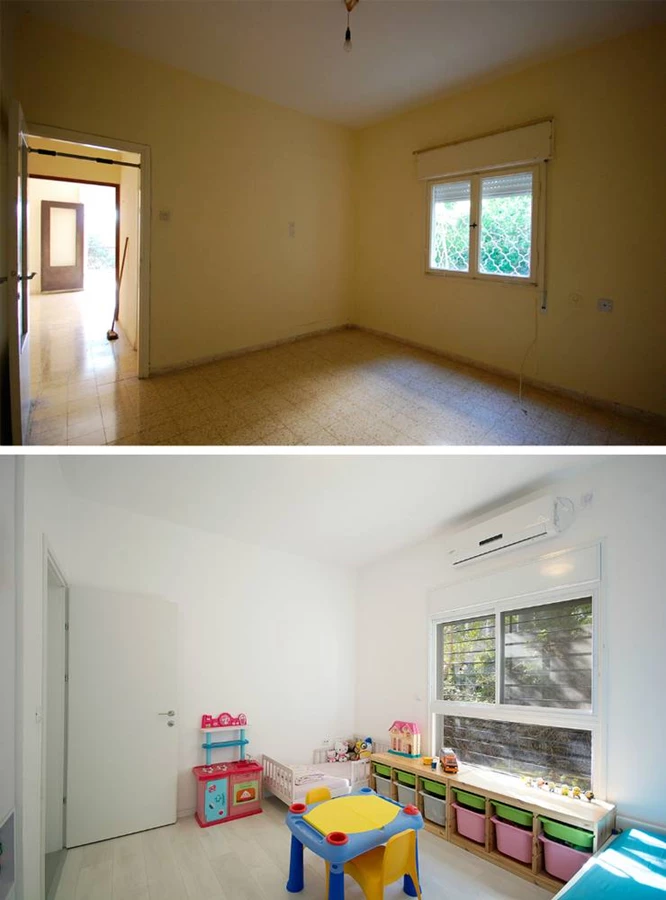 לפני אחרי - החלון הוגדל, מיקום הדלת שונה, ונוצר מקום לארון קיר גדול.