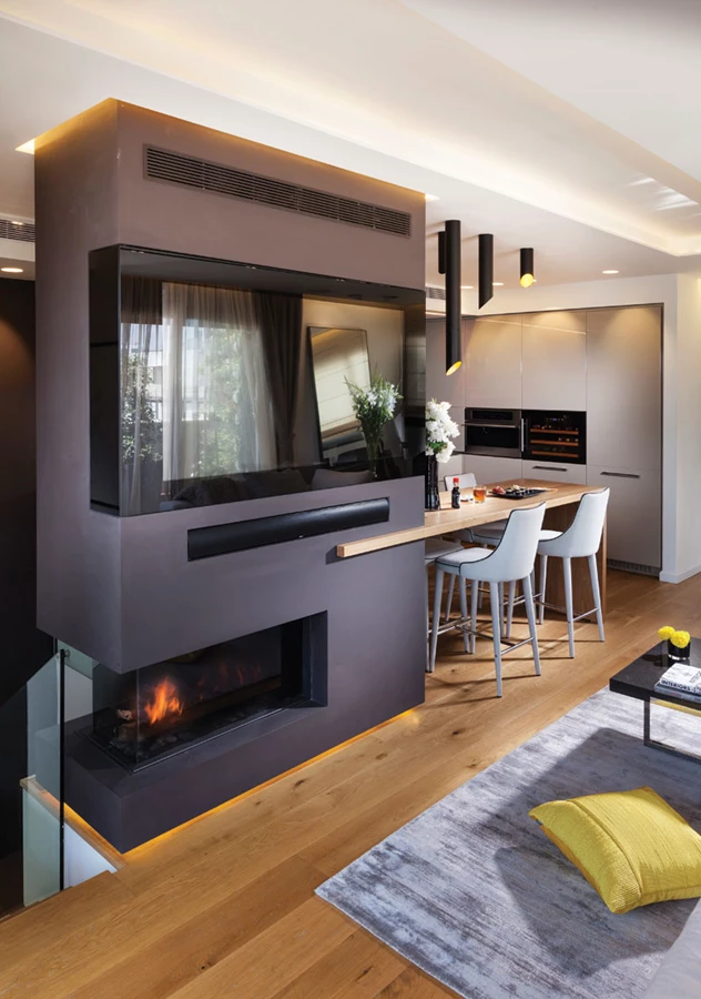 הקמין שביחידה הבנויה ממוקם כך שהוא נראה מכל נקודה בחלל, במרפסת, ואף מחלל בגרם המדרגות. משטח זכוכית לטלוויזיה: