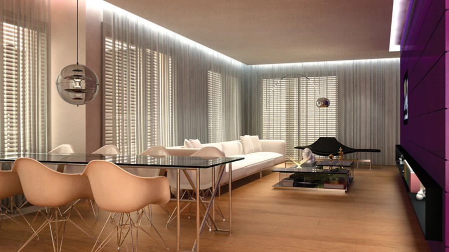 יצירה אווירה באמצעות וילונות לכל אורכו של החלל הציבורי,  מוארים באמצעות פסי תאורת LED | עיצוב פרויקט: אורון מילשטיין.