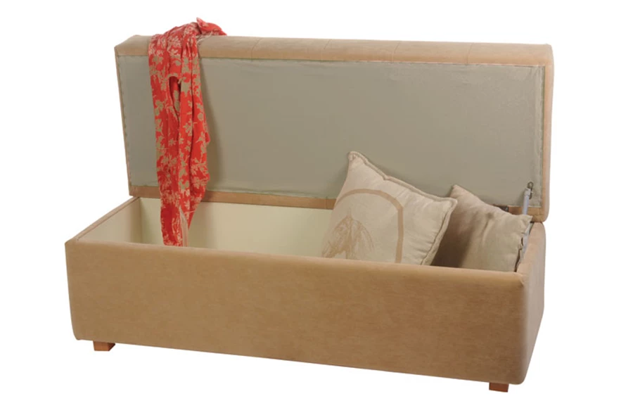 ספסל ישיבה מרופד, המשמש גם כארגז אחסון. צילום: אייל קרן. ״עידן הדומים״.