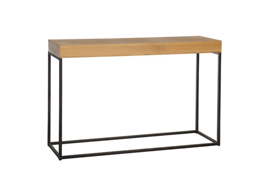 קונסולה מעץ אלון גושני משולבת ברגליים מברזל מושחר. קניון העץ שבלול.