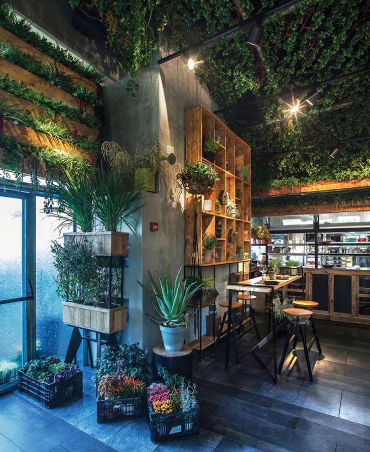 פריטי סטיילינג כמריצות, ארגזים עם צמחייה פורחת, כלי גינון ועציצים משתלבים בכל רחבי החלל ומשלימים את האווירה.