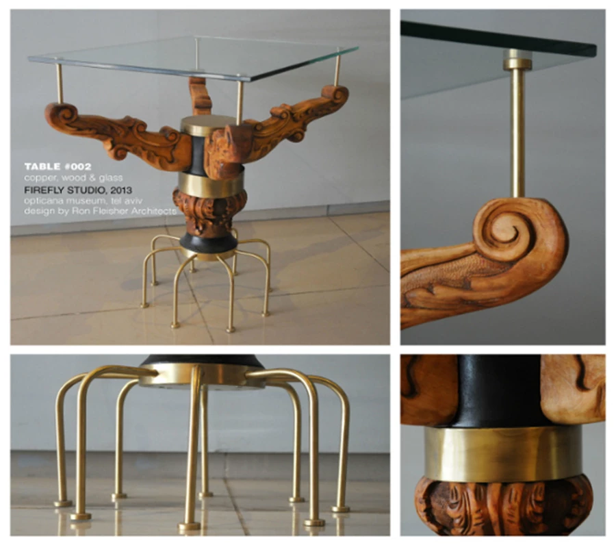 מוזאון אופטיקנה שולחן משולב פליז ועץ וזכוכית