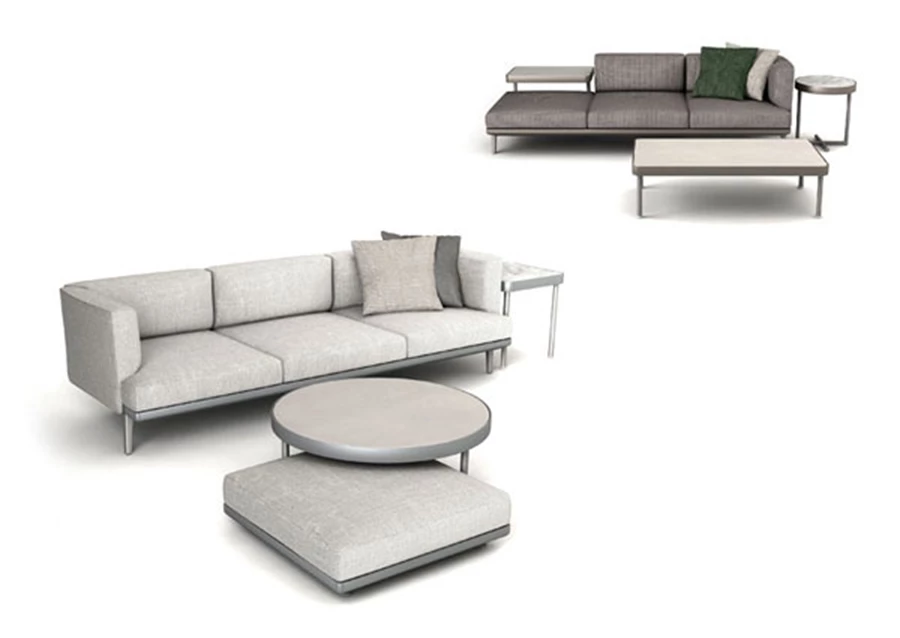 מתוך קולקציית 2015, עיצוב של רודולפו דורדוני למותג Kettal: מערכת ישיבה סלונית וגמישה. שילוב של קונסטרוקציית אלומיניום וכריות נוחות עם ריפוד חוץ איכותי.