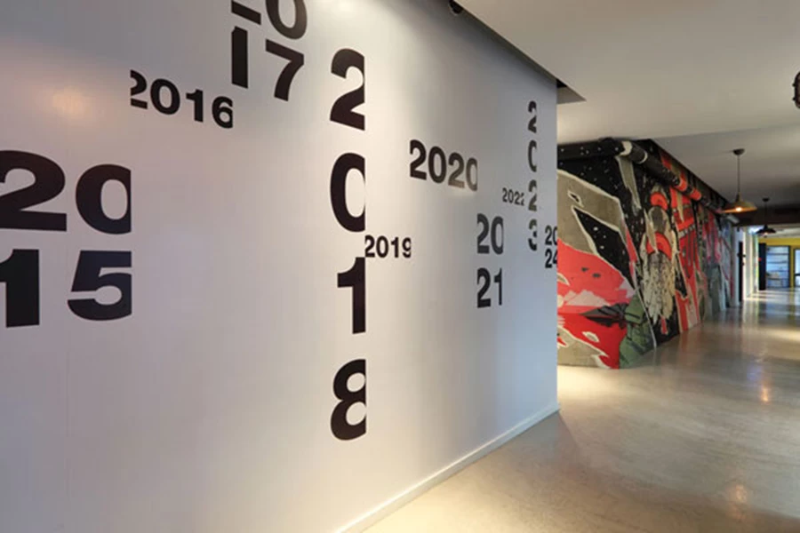 קיר כרוניקה כאלמנט ויזואלי ותוכני אחד:  כיתובים ומספרים המציינים תאריכים מנציחים ציוני דרך בעברה של החברה ואף מסמנים חזון לעתיד.