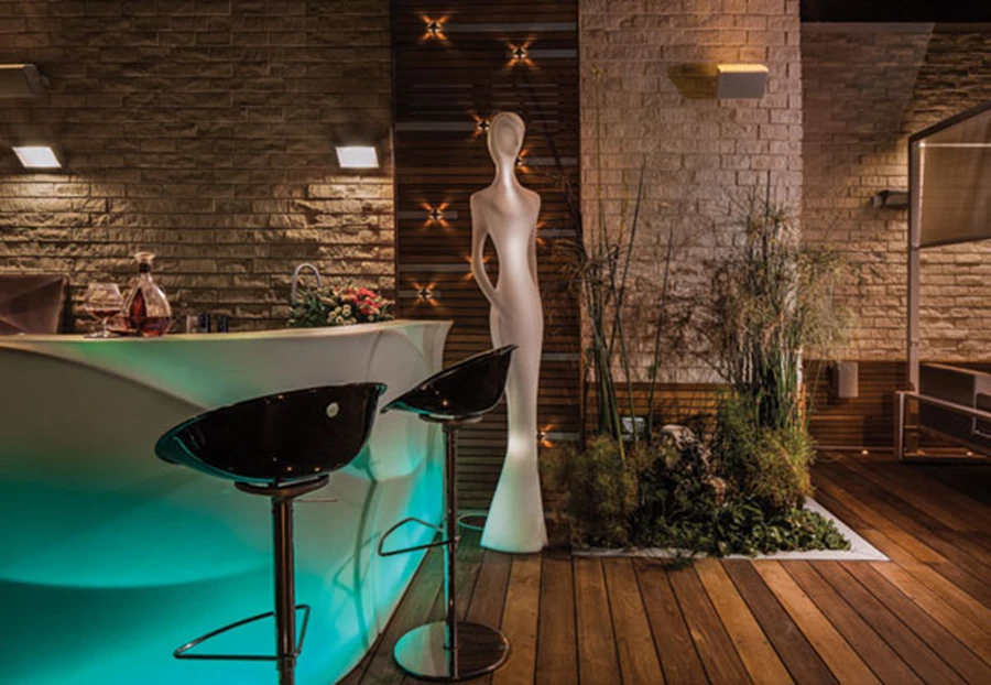 אלמנט מים בשם השלווה: מפל שמימיו ניגרים רכות מטה, ומתנקזים לבריכה נוי עם צמחי מים ודגים. גוף תאורה בדמות אישה: דקורטיבי ופונקציונאלי כאחד.