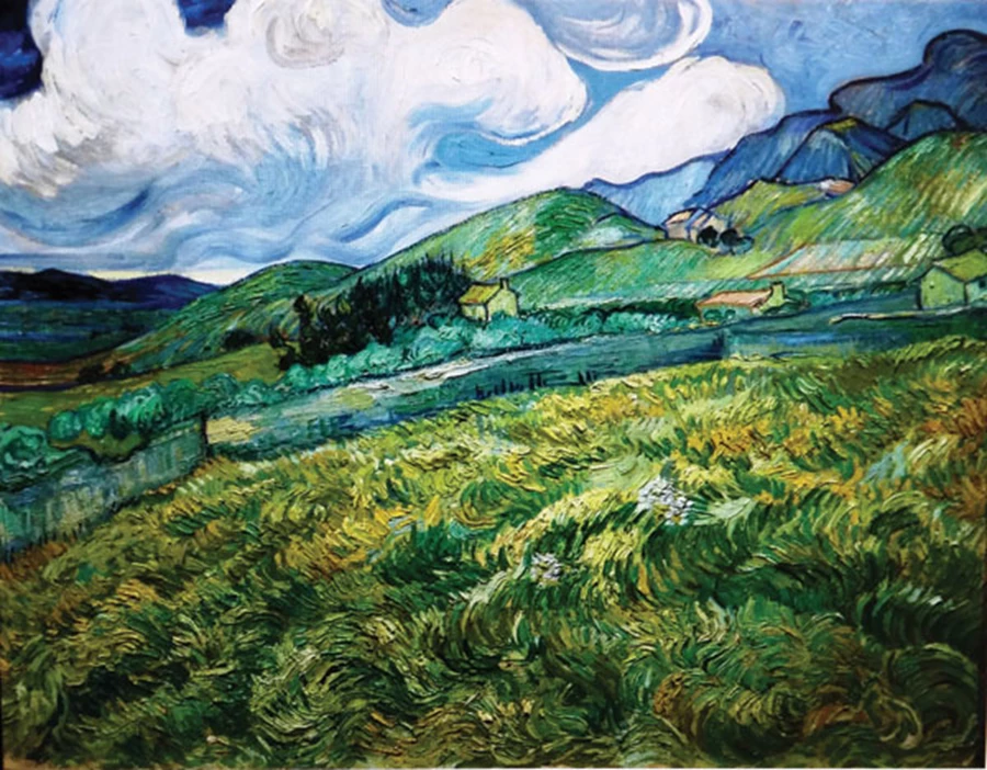 יצירה של וואן גוך - מבט אל נוף פסטורלי עם שדות לוונדרים וברושים מחדר בית חולים בסנט רמי, Vinsent Van Gogh. צילום מסך מתוך האתר: www.ayton.id.au.