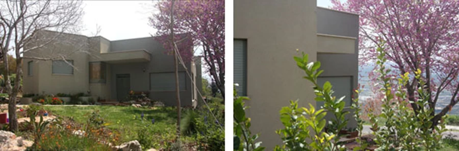 בית בקיבוץ בית רימון. זהו בית רכבת קיבוצי שהורחב. הכניסה לבית הינה מכיוון הנוף ולא מהרחוב וכך גם הבית כולו – החזית הראשית נפתחת אל הנוף , אל החצר האחורית – בהתאם לאופיה ולהתנהלותה של המשפחה. | צלמת: רוני גלבוע | בוצין-דולב השמשוני אדריכלות ובינוי ערים