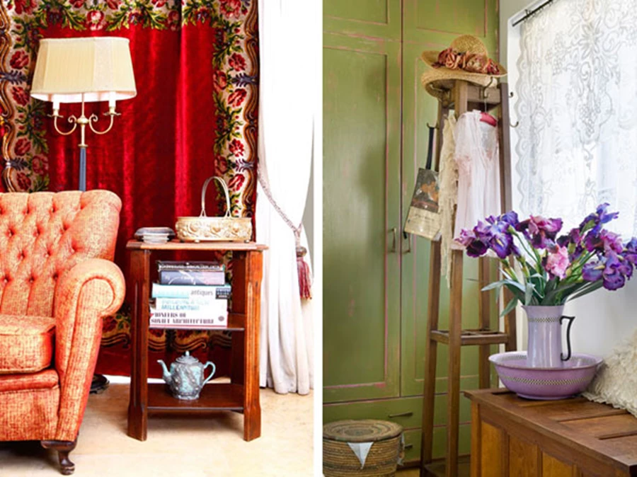 מימין: פינה מתוך חדר שינה המשלבת כד וקערה, סטנד עתיק ששימש בעבר לתליית מעילים בברים אנגליים ושידת עץ אלון, צילום- יונתן בלום | פינה מתוך חדר מגורים. מי אמר שצריכים לטוס עד לאנגליה כדי להרגיש מלכותיים- גוף תאורה, כורסא , שולחן קפה ובד קטיפה ארגמני, כולם עתיקים ותורמים לאווירה, צילום- טל מירסקי