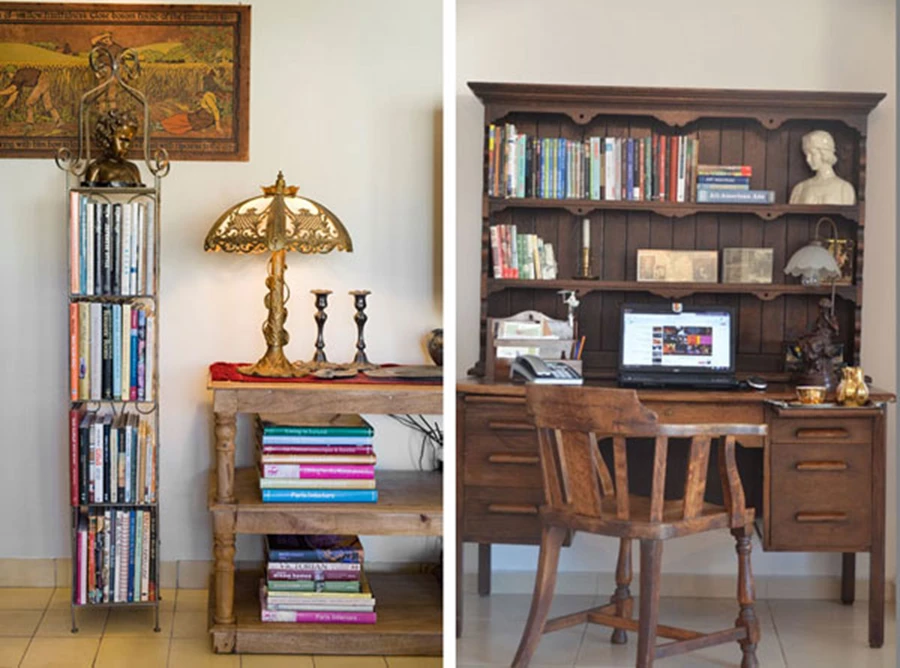מימין: פינת עבודה בדירת אישה צעירה, שבקשה לעצב פינת עבודה שתראה אחרת | ספריה בסלון דירה תל אביבית. שידה חדשה עליה מונח גוף תאורה משנות ה-20 של המאה הקודמת ומצד שמאל יחידת מדפים נוספת, מברזל, צילום- יונתן בלום