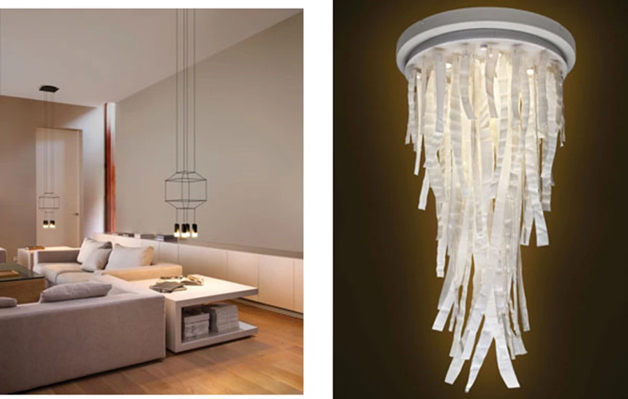 מימין: גוף תאורה תלוי מעוצב בזכוכית - עיצוב של האמן שימעל’ה פלג, Design Center.| גוף תאורה ‘WireFlow’, הנראה כמו שרטוט עדין. עוצב ע”י אריק לוי, למותג הספרדי ‘Vibia’ - ‘קמחי תאורה’.