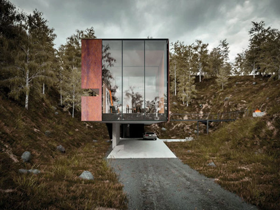 כל גובהו של דופן הקופסה המלבנית עשוי מזכוכית ומאפשר חדירת אור מקסימלית לחלל הבית.