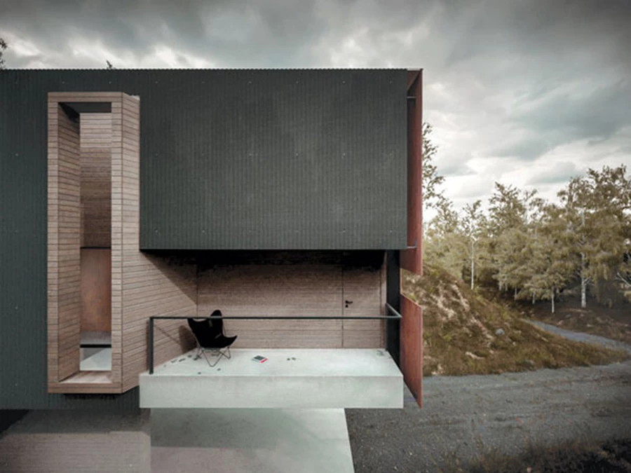 מרפסת פתוחה בנויה מבטון יצוק וחשוף ושילוב של חיפוי קורטן שחור.