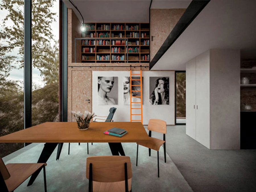 חלל דו קומתי מלווה לכל גובהו בקיר זכוכית מכיל את חדר המגורים ואת הספריה. הקירות החשופים המחופים בתערובת סיבית משמשים רקע אידיאלי להצגת הצילומים של בעלת הבית.