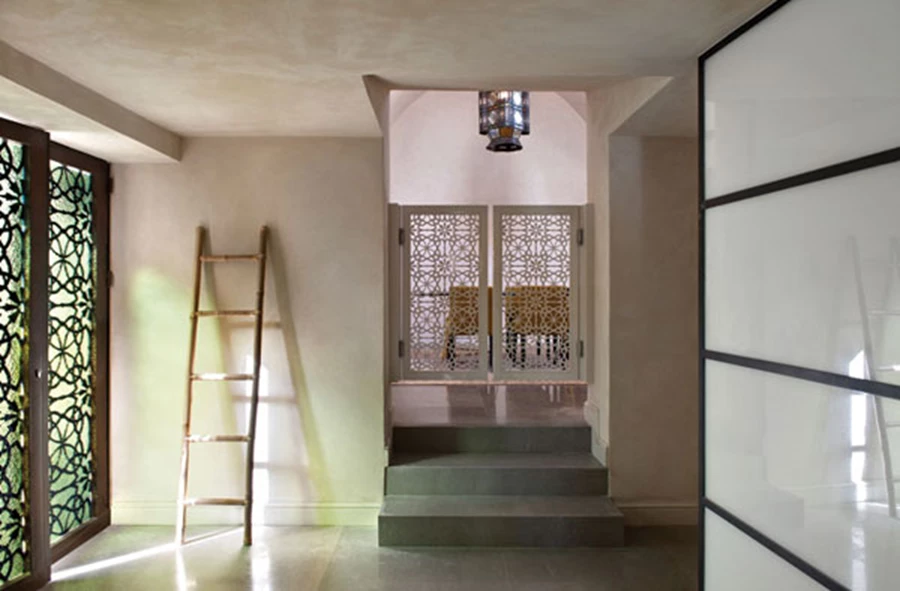 מבואת הכניסה המגדירה חלוקה לאגף ילדים ואגף ציבורי בו ממוקמת גם יחידת ההורים. דיגום הדלתות נשאב ממוטיבים ביזנטיים שהיו בדירה ובוצע ממתכת בחיתוך לייזר. מימין נראית קוביית זכוכית חלבית עם פרופיל בלגי בגימור קורטן ה