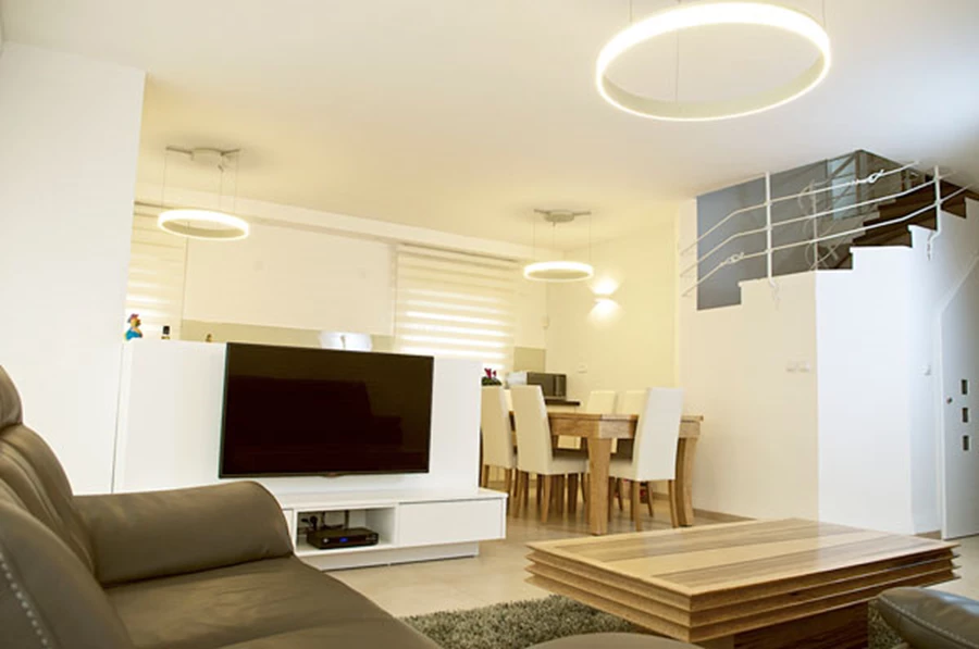 במטבח והסלון בחרתי להשתמש בגופי תאורה בצורת חישוק, משום שהם דקים ולא אוטמים את החלל.