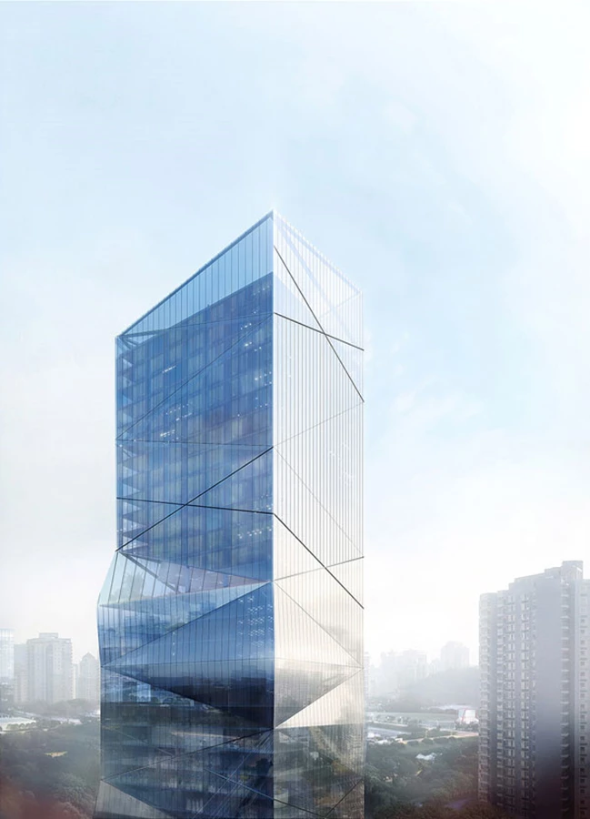 הגלים של הפאות הרבות בבסיס הבניין, שהופכות לשטוחות בחלקו העליון, יוצרים מראה דרמתי