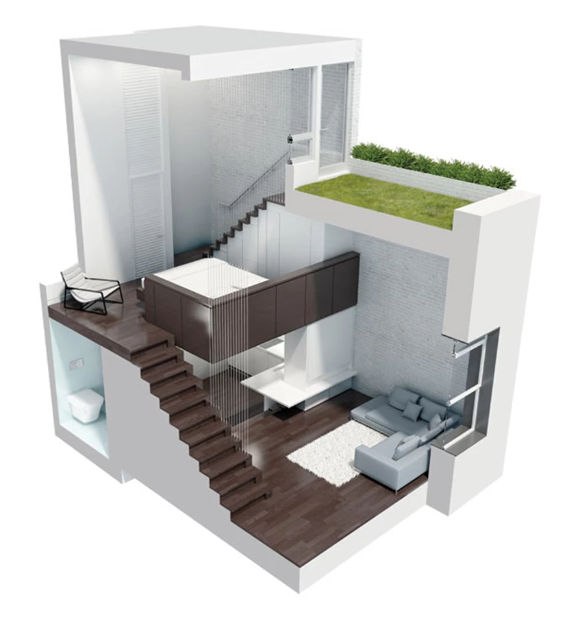 הדמיה לדירה קומפקטית בעלת 4 מפלסים  בשטח של כ-40 מ