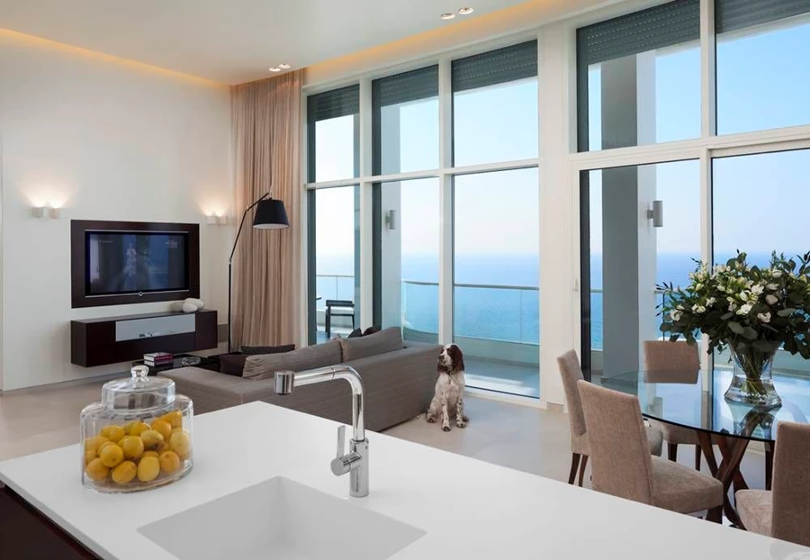 החלל הציבורי: מרחב אוורירי המרכז בשטחו סלון, מטבח ופינת אוכל, מאופיין בצבעוניות בהשראת הים. קירות לבנים, ריצוף באריחי גרניט פורצלן דקיקים בגון חול, ותאורה שקועה וסמויה המתוכננת בהתאמה לשינויי אור היום במהלך היממה. תאורה: