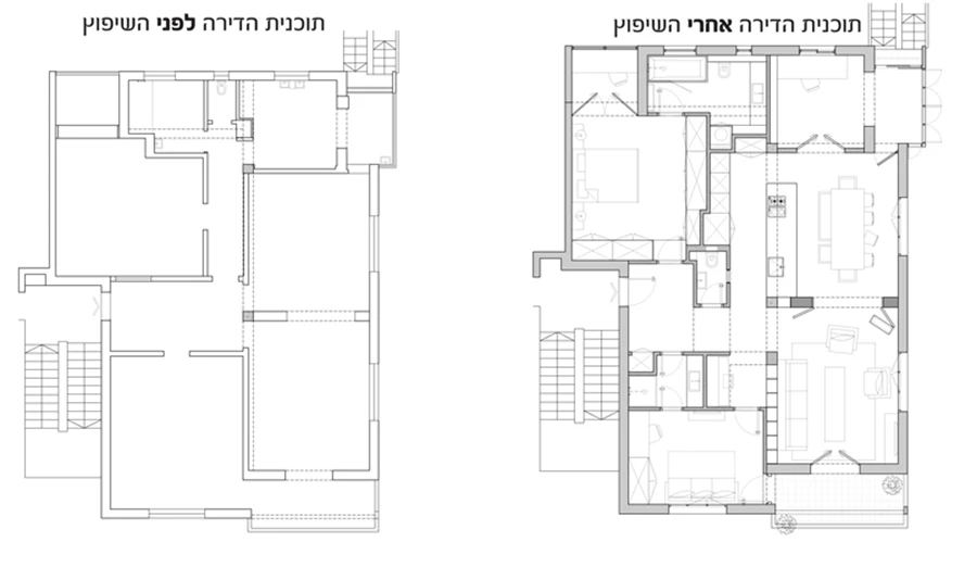 תוכנית הדירה אחרי השיפוץ תוכנית הדירה לפני השיפוץ