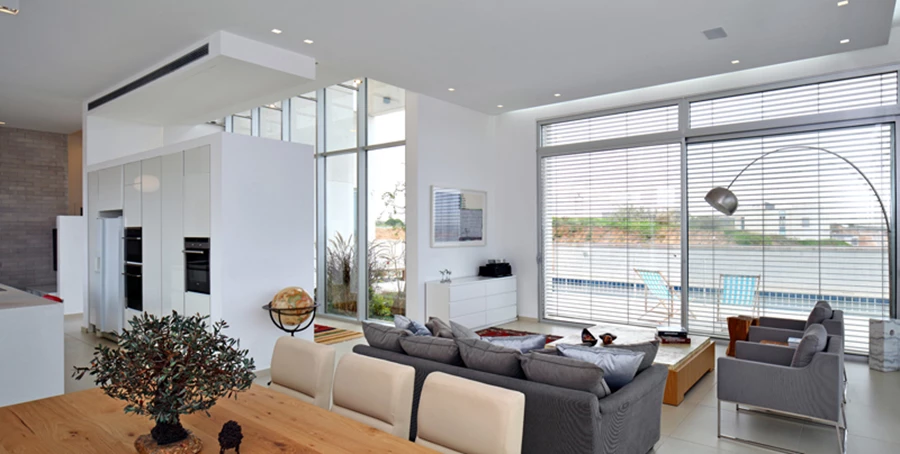 חלל הסלון ופינת האוכל: עיצוב מוקפד המשלבי פריטי ריהוט מסוגננים בקווים עכשוויים, וויטרינות גדולות המשמרות קשר ישיר עם החוץ. תקרה צפה מנוצלת להשקעת תאורה סמויה בהיקף החלל, וגופים נוספים משובצים על פני שטחה. על שולחן האוכל פסלים עשויים חוטי ברזל של האמן ניהד דביט פריטי ריהוט: