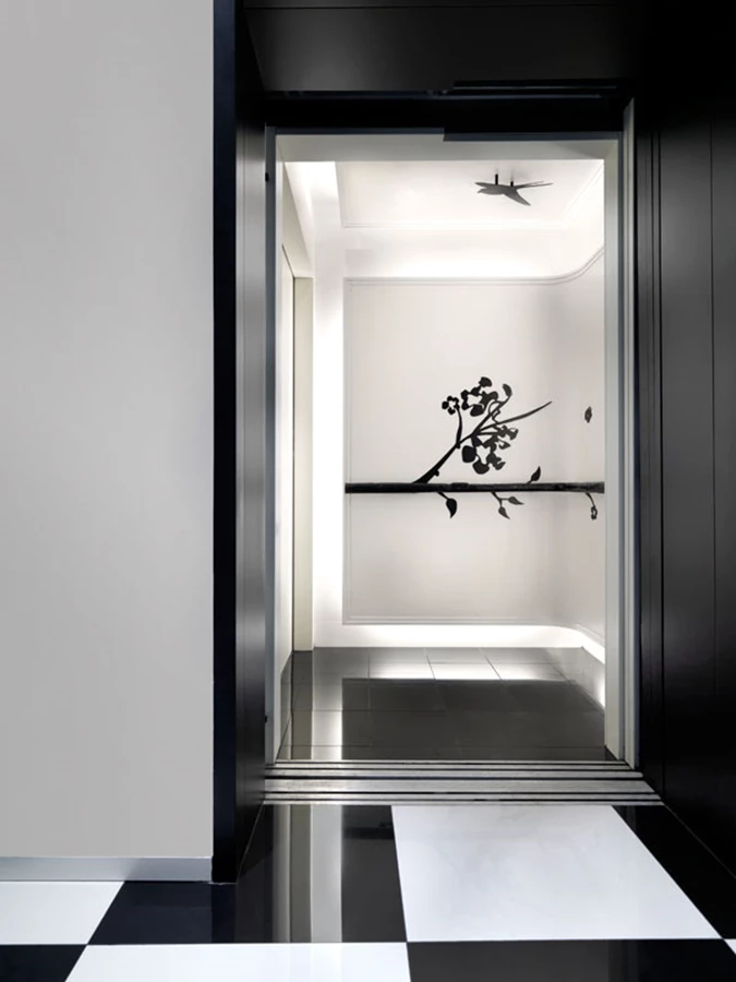 אף חלל תא המעלית הוא חלק מקומפוזיציית השחור-לבן ומעוטר באיורים מעודנים.