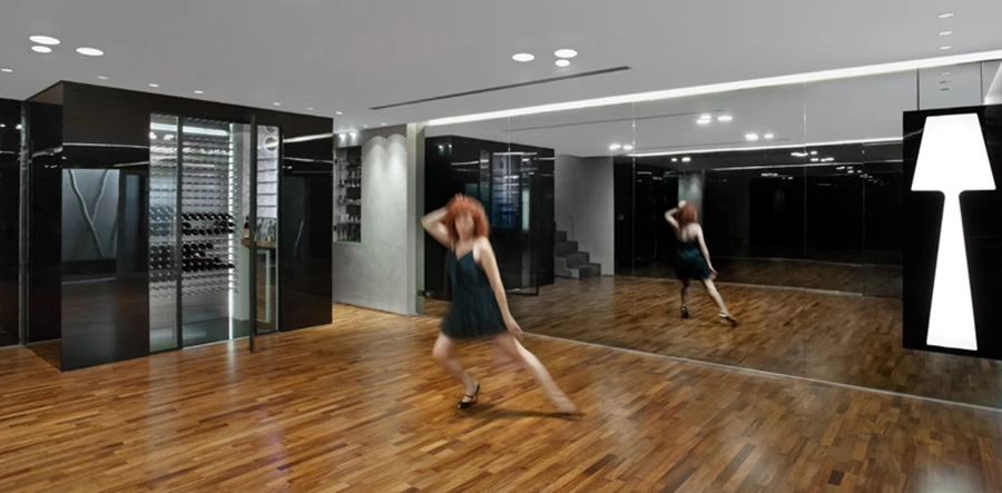 פנטזיה בקומת המרתף: חלל הריקודים וחדר היין הממוקם על אחת מצלעותיו כשהכניסה אליו נעשית דרכו. אולם הריקודים מרוצף בפרקט ומחופה בקירות מראה, שבאחד מהם משתלב גוף תאורה מעניין בעיצוב המדמה איור.