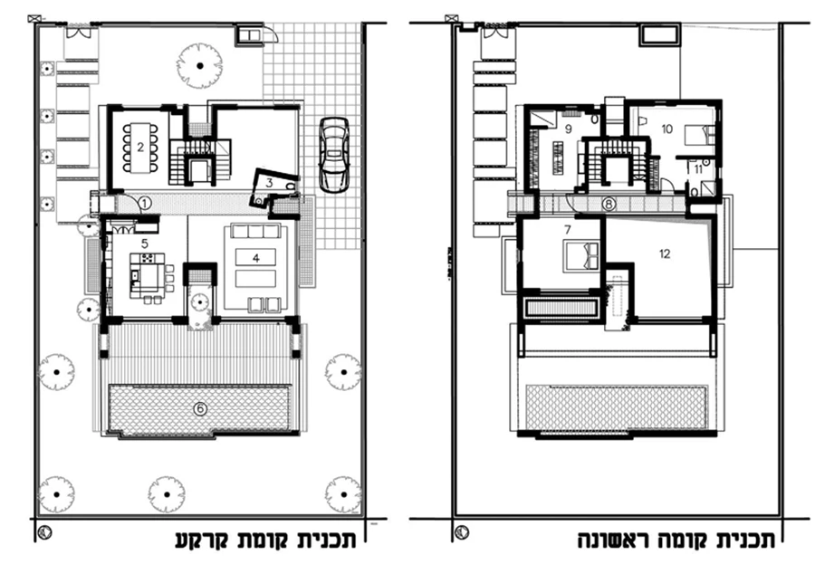 תוכניות: 1. מבואת כניסה, 2. פינת אוכל, 3. שרותי אורחים, 4. חדר מגורים, 5. מטבח, 6. בריכה, 7. חדר שינה הורים, 8. גשר, 9. חדר ארונות וחדר רחצה הורים, 10. חדר שינה ילדה, 11. חדר רחצה ילדה, 12. חלל כפול